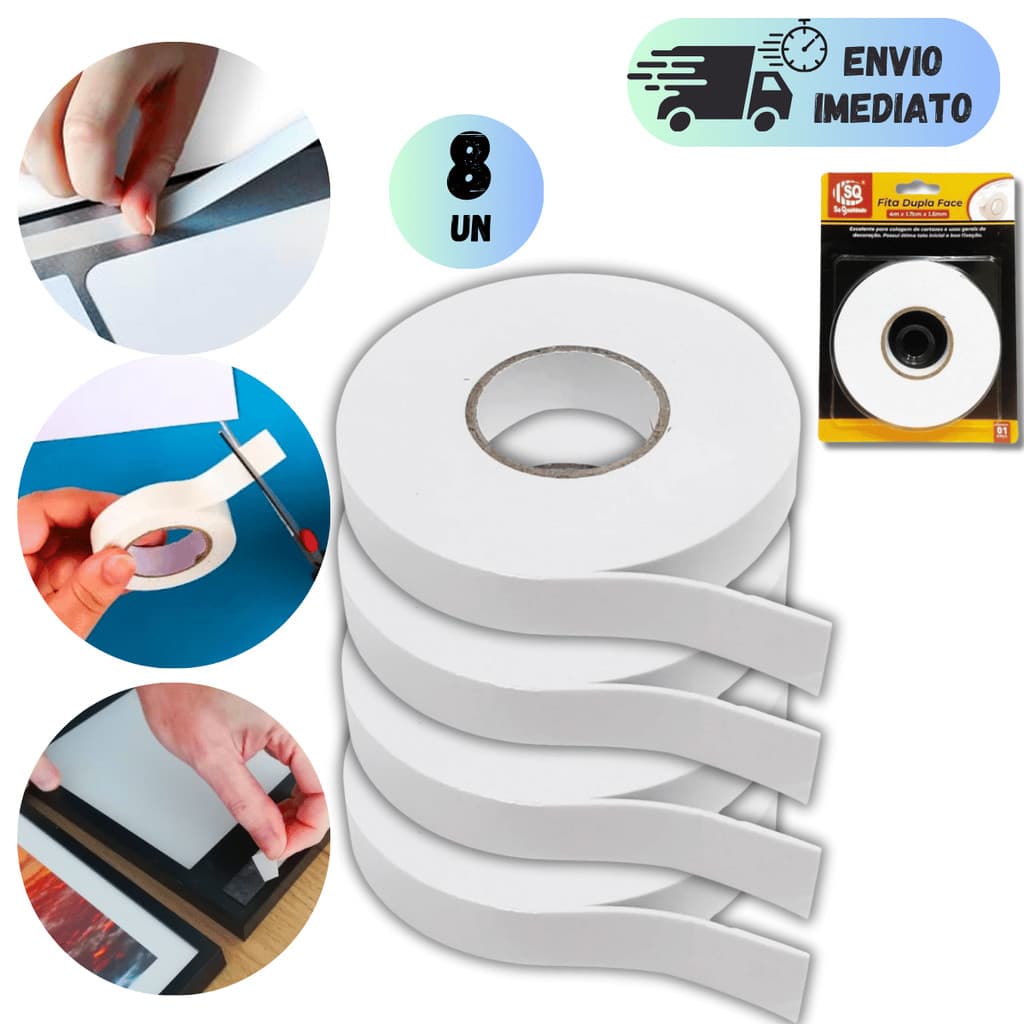 KIT 4 A 8 FITA DUPLA FACE BRANCA 4M GRANDE RESISTENTE EXTRA FORTE MULTIUSO QUADRO PAREDE COLA