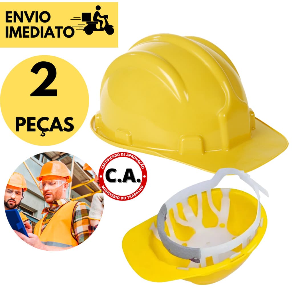 Kit 2 Capacete de Segurança Aba Frontal com CA Suspensão Plástica Obras Construção Civil S/ Jugular