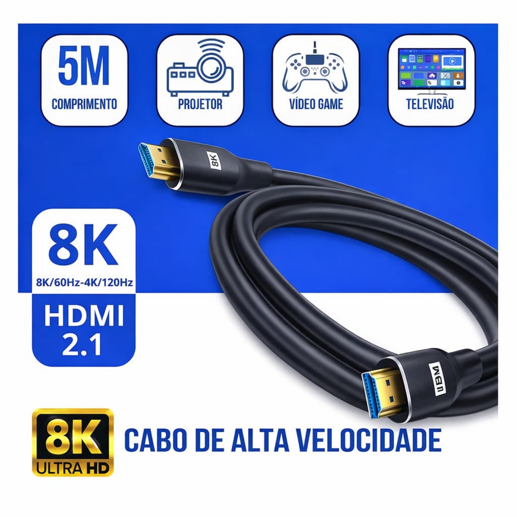 Cabo Hdmi 2.1 8k de 5m para TVs PS5 PS4 Xbox One Xbox Series