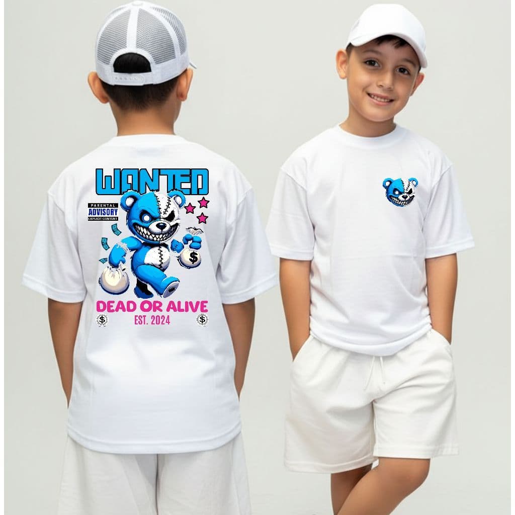 Camiseta Infantil Streetwear Malha 30.1 100% Algodão Camisa Estilosa  Urso Blue Wanted