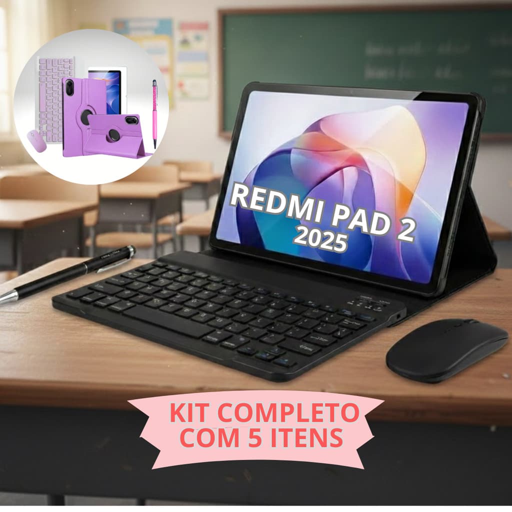 Kit Completo Capa Giratória 360+ Teclado e Mouse Bluetooth + Película para Redmi Pad 2 2025 + caneta touch