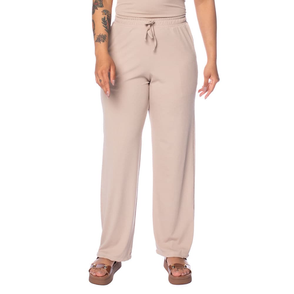 Calça Feminina Babicat Reta Cintura Média Canelada Bege