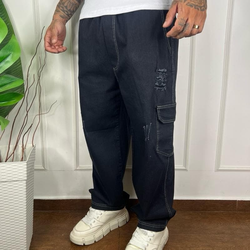 Calça Cargo Preto Amaciado Com Rasgadinho Masculina Streetwear Premium Larga
