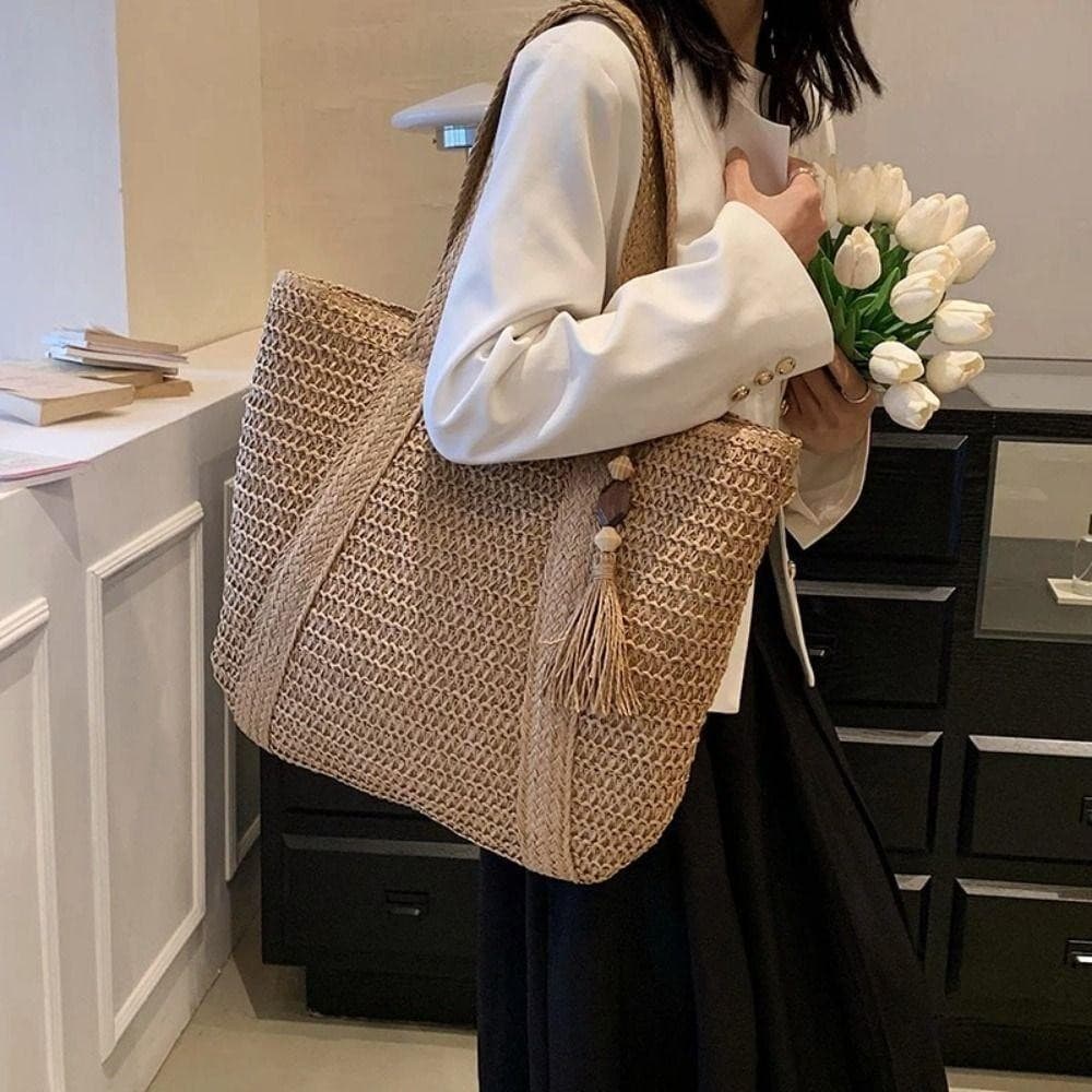 Bolsa de Ombro Feminina Tote Tecida Grande | Casual Praia Verão com Tassel Estilo Casual Fashion Verão 2026