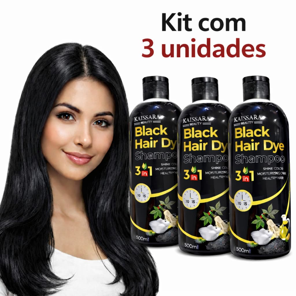 Kit com 3 Shampoo Tonalizante Preto Grande 500 Ml Kaissara  Tintura Preta Para Cabelos cobre o Branco