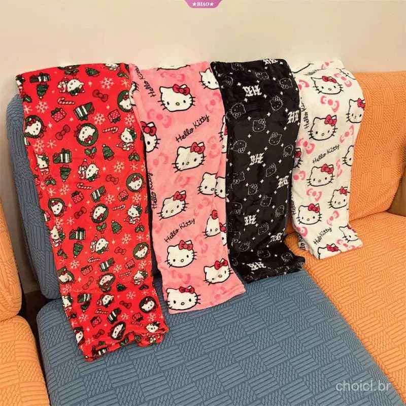 Pijamas de Flanela FCL Novo Sanrio Hello Kitty Moda Calças Femininas Kawaii Fleece Anime Cartoon Casual Casa N8ZF H1WG