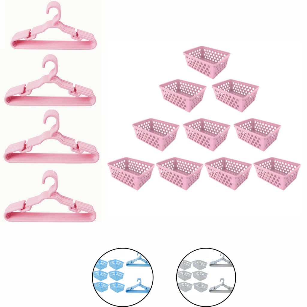 Kit 20 cabides infantil e 10 cestos organizador rosa branco azul bebe guarda roupa