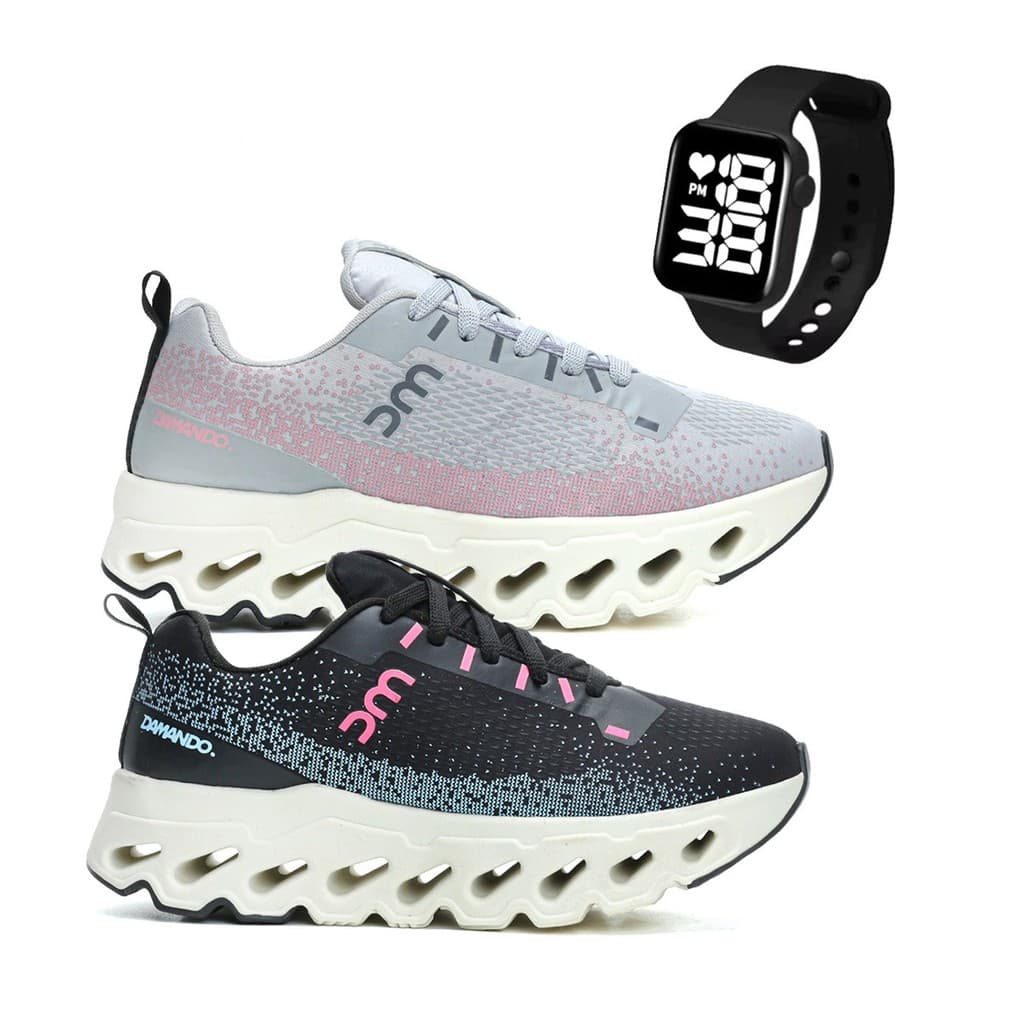 Kit 2 Tenis Esportivo Feminino Caminhada Academia Corrida Alta Performance Resistente + Relogio Smart