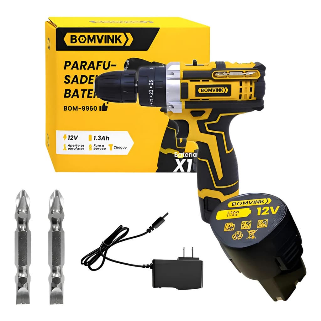 Parafusadeira Furadeira Bateria Bomvink Bom-9960 Amarelo