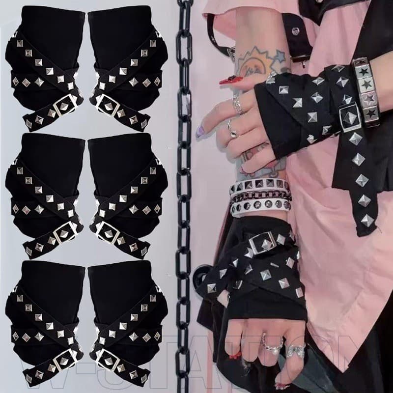Luvas Estilo Punk Preto-Luva De Rebite De Metal Para Motocicleta-Curtas Unissex Sem Dedos De Música Rock De Cosplay Góti