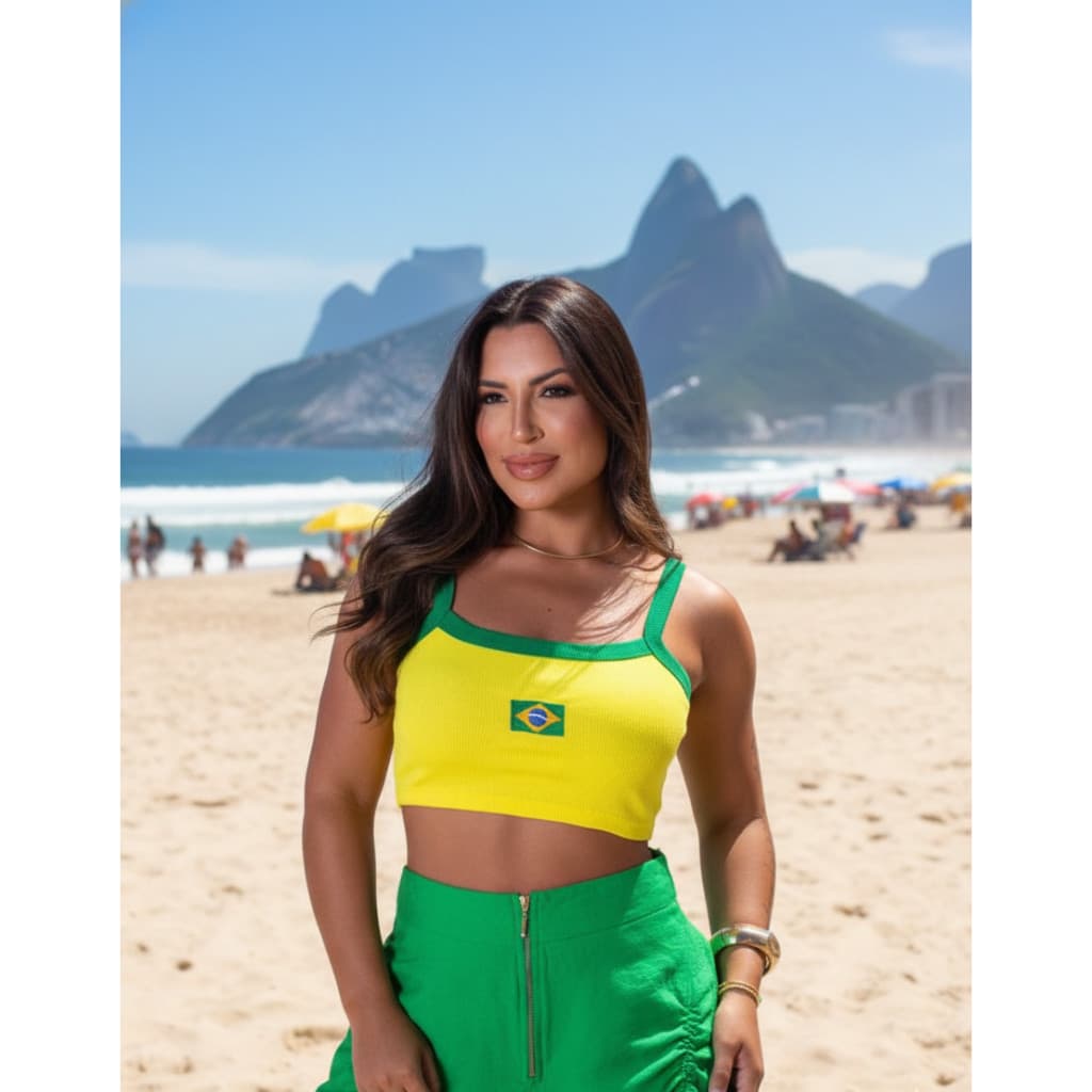 Cropped Brasil Feminino Alça Ribana Canelada Bordado Copa 2026 Vibe  Cintura contrastada  Costas nuas / sem costas  Bord