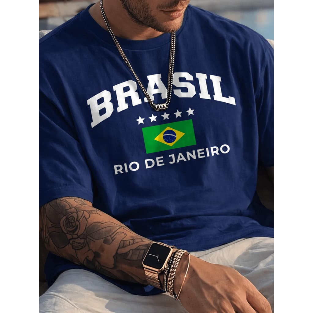 Camisa Camiseta Masculina Brasil Estampada Rio Janeiro 100% Algodão Copa do Mundo Time FutebolBrazil