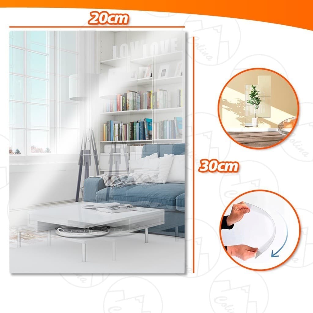 Espelho Placa 30x20cm Com Adesivo Auto Colante Acrílico Retangular Decorativo Quarto Sala Banheiro