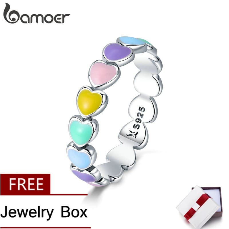 Bamoer 925 Prata Esmalte Arco-Íris Coração Anel Meninas Moda Festa SCR444