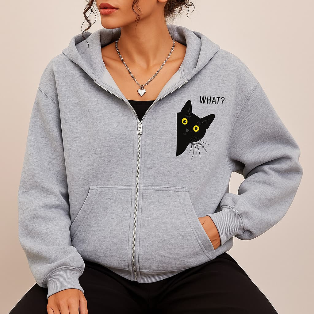 Moletom com Capuz Zíper Gato Preto Curioso Estampa Divertida Estiloso