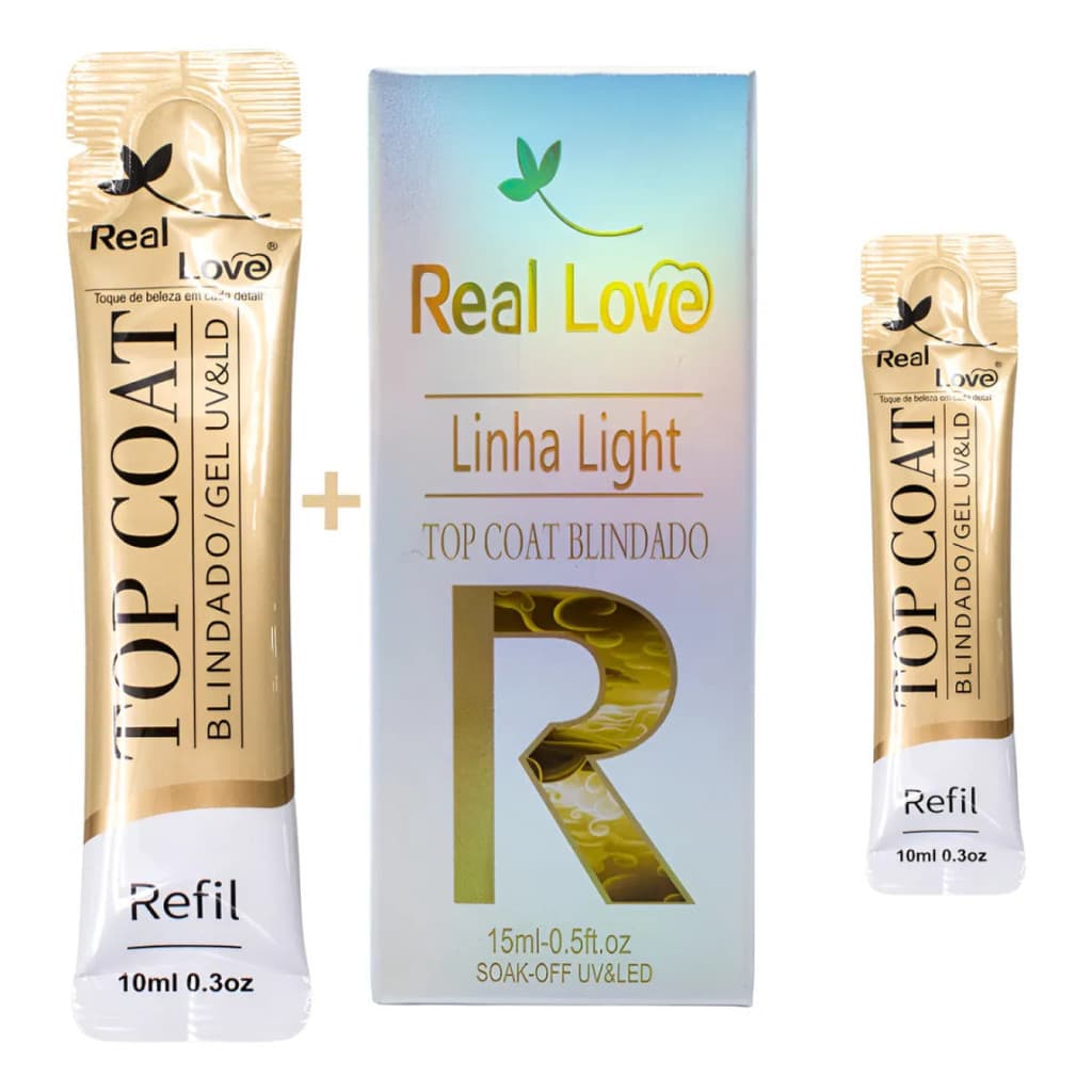 Kit Top Coat Blindado Real Love + Refil Top Coat 15ml 10ml Selador Unhas Gel Alta Duracao Brilho