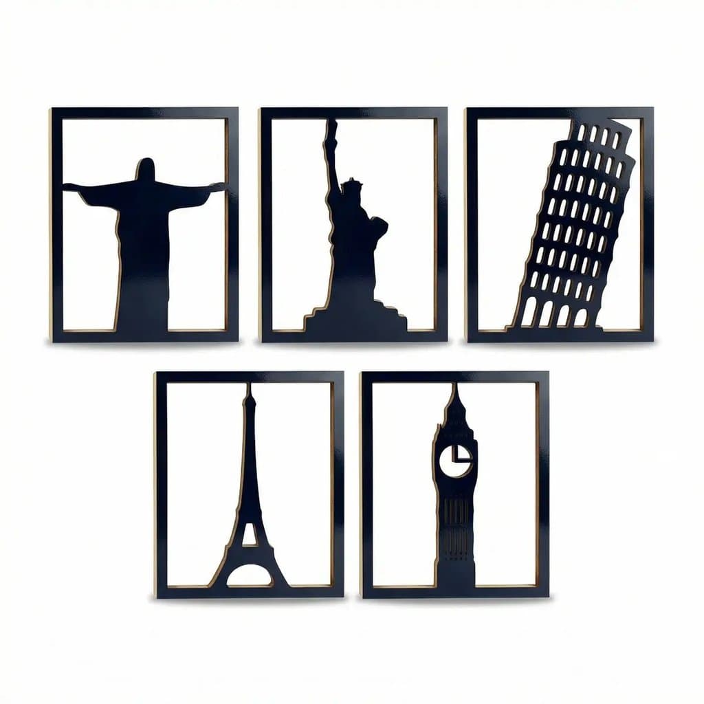 Kit Quadros Decorativos 5 Peças 25x20cm MDF Quadros Para Sala Decoração Moderna Monumentos Famosos Minimalista