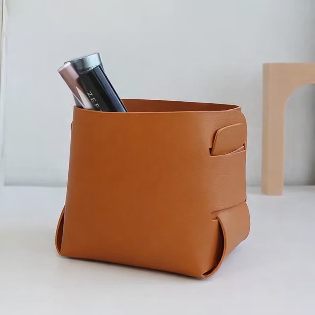 Cesto Porta Objetos de Couro Multiuso para Mesa e Bancada