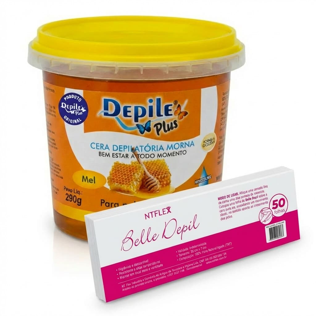 Kit Cera Depilatória Hidrossolúvel Mel 290g+ Papel para Depilação com 50 unidades Belle Depil