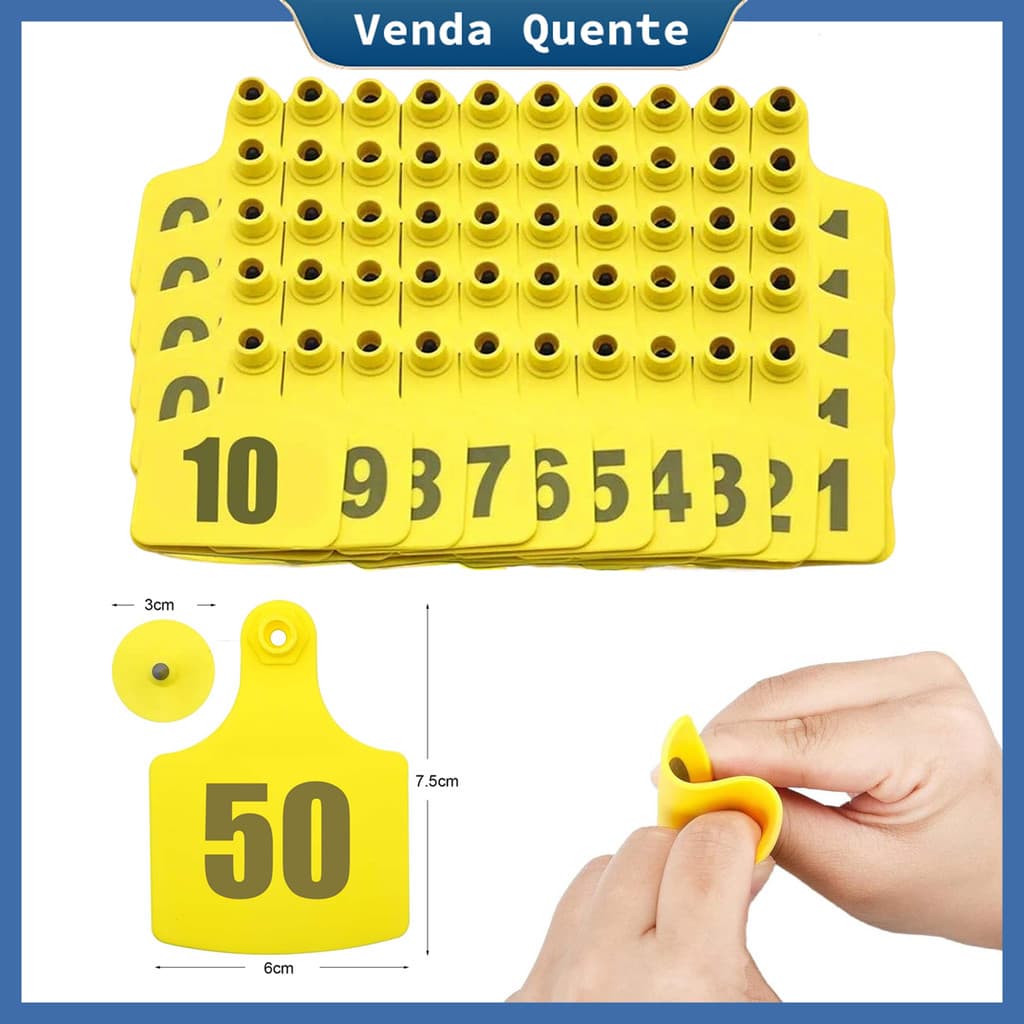 50 Brincos de Identificação para Cabras, número de 001 - 050 Para Bovinos, Etiquetas Macias Com Letras, Amarelo