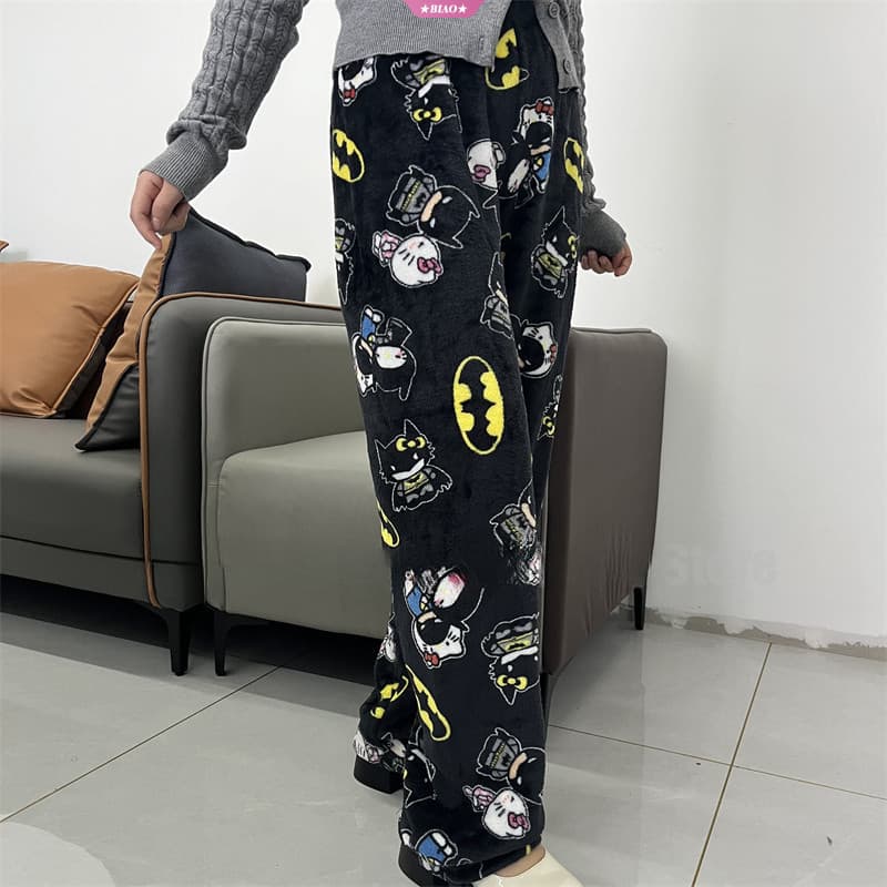 Pijama Sanrio Hello Kitty Batman, calças de desenho animado, flanela do Homem-Aranha, Loungewear solto, roupa Casual par