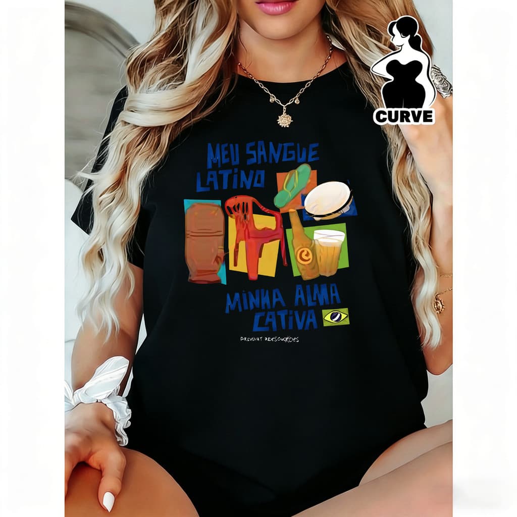 Camiseta Feminina Estampa Latino com Imagens de Cadeira, Botijão, Chopp e Oculos Estilosa Colorida Moderna Moda Feminina
