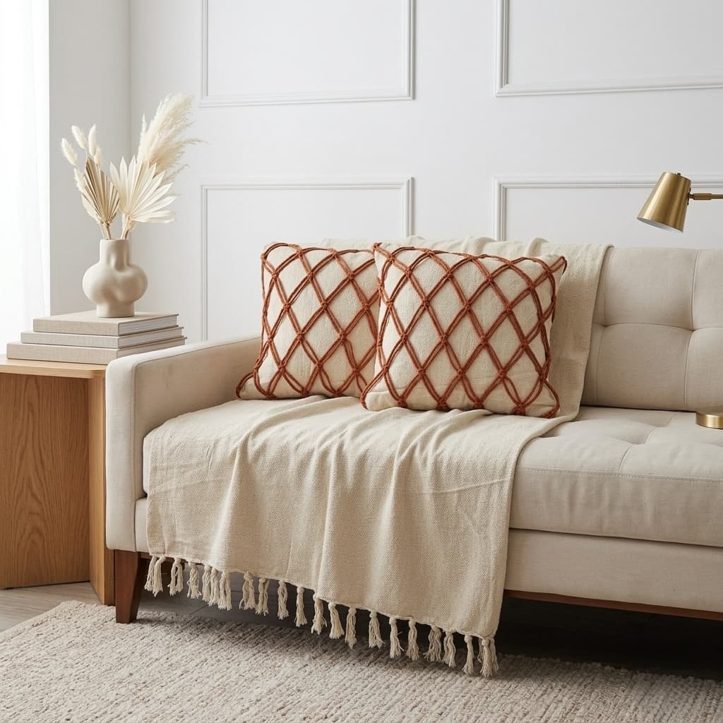 Kit Manta Para Sofa + 2 Almofadas Macramê Boho Chic Luxo