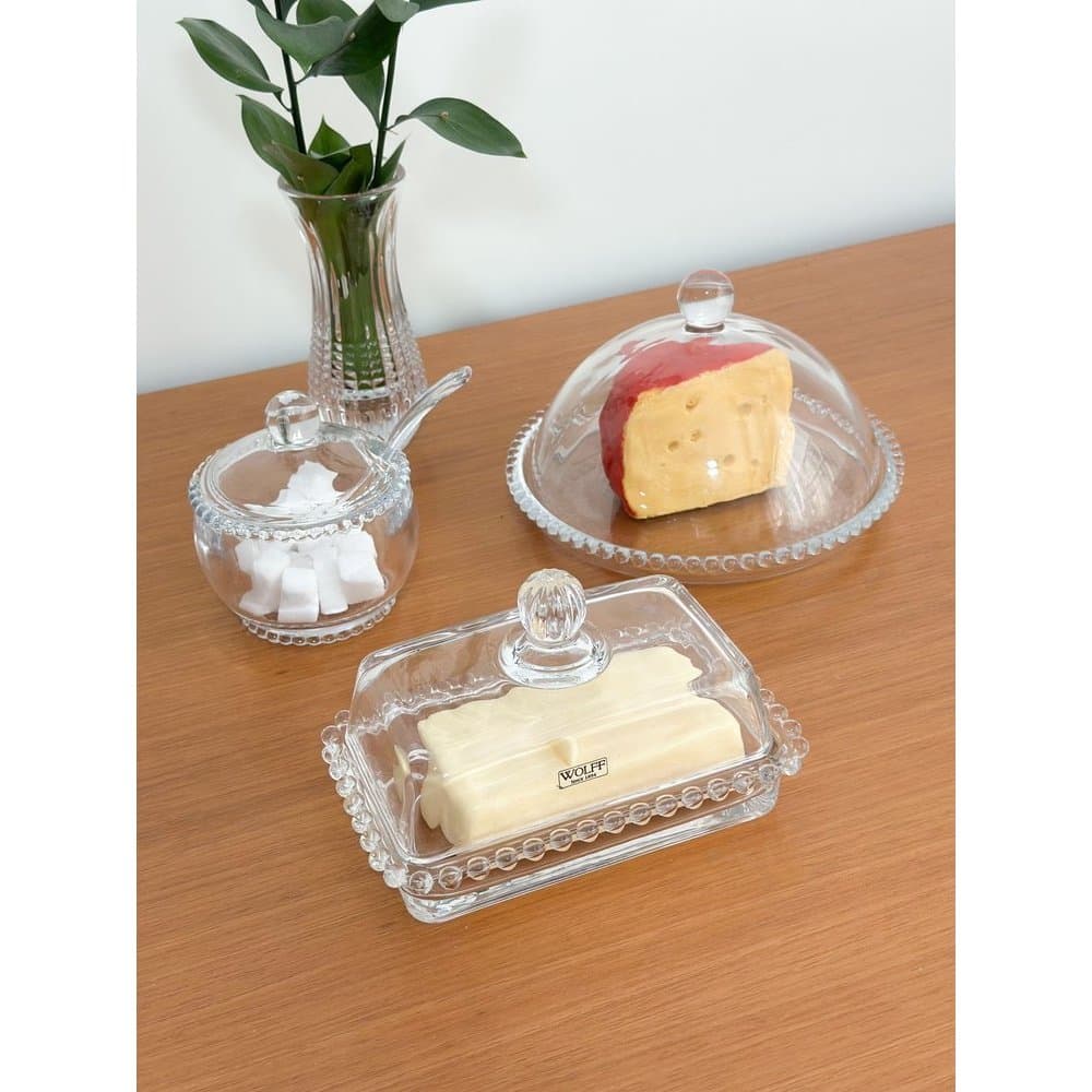 Kit CAFÉ DA MANHÃ 3 ITENS Queijeira + Açucareiro + Manteigueira Pearl Bolinhas Wolff VIDRO