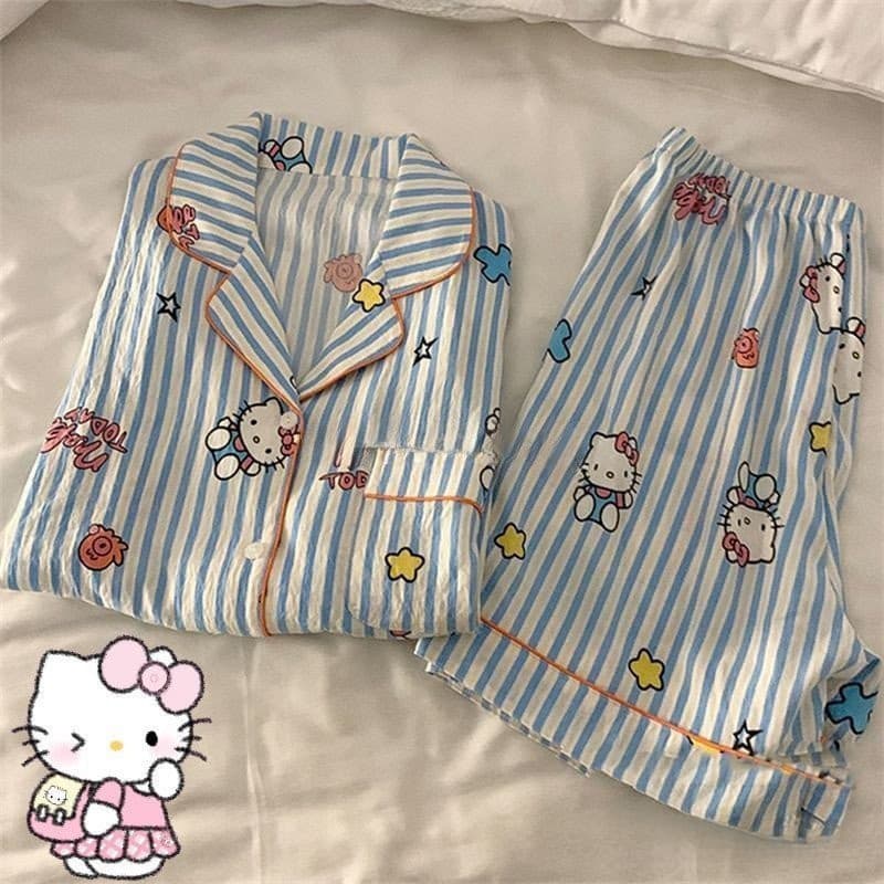 Sanrio Cute Hello Kitty feminino pijama de verão manga curta listrado conjunto de Shorts japoneses