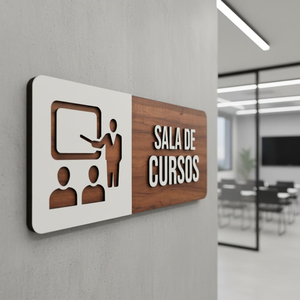 Placa de Sinalização Sala de Cursos MDF Alto Relevo 30x13cm Para Porta