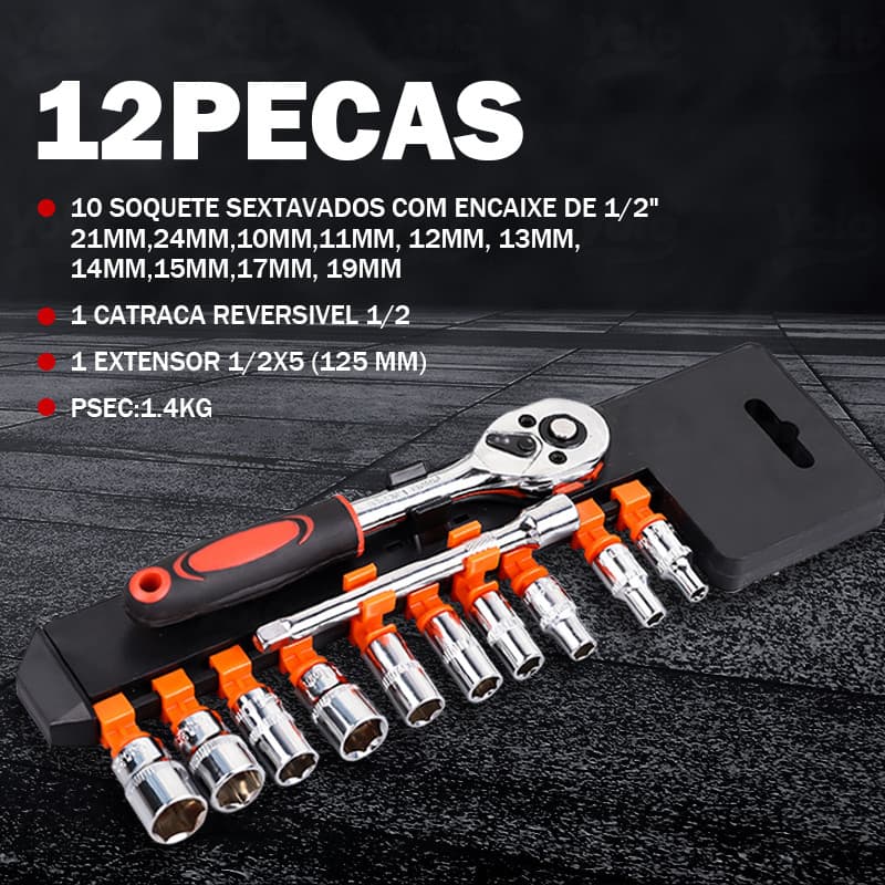 Kit Jogo De Soquete Sextavado 1/2 Catraca 12 Peças 8 A 24mm Com Extensão