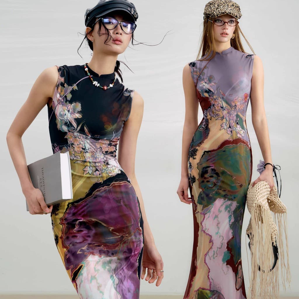 Novo vestido cheongsam reversível com estampa em blocos de cor, estilo chinês, vestido cheongsam feminino de alta qualid