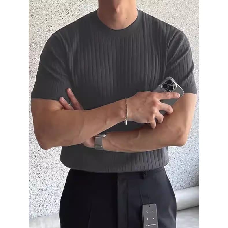 Americano pequeno decote malhas masculino mercerizado algodão gelo seda magro-ajuste moletom de manga curta legal respir