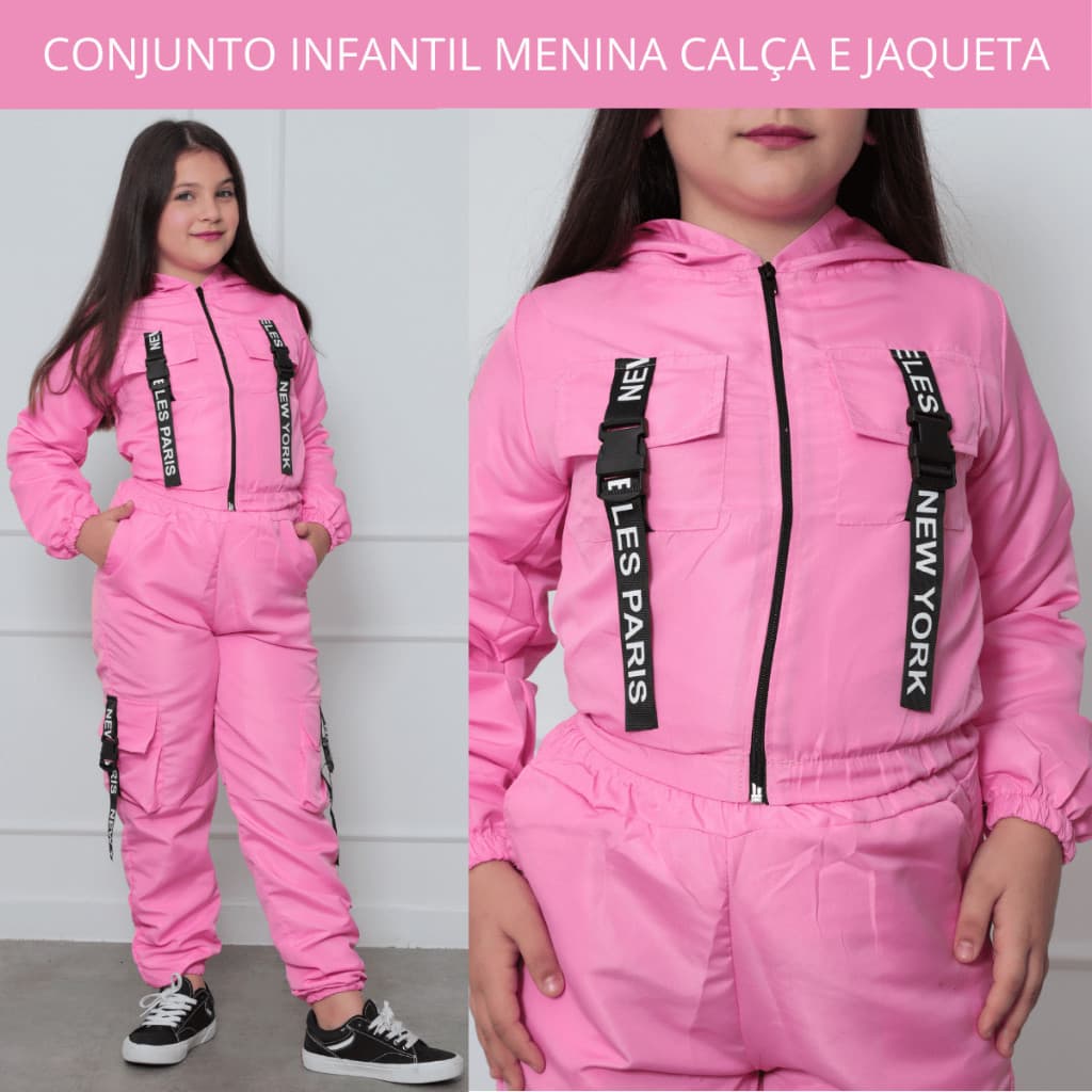 Conjunto Infantil Menina Roupa Infantil Feminina Tactel Calça + Jaqueta Bomber Estilosa Preta Rosa