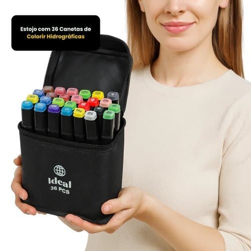 Estojo Canetas Hidrográficas Coloridas 36 Unidades Artesanato Desenho Escola Profissional