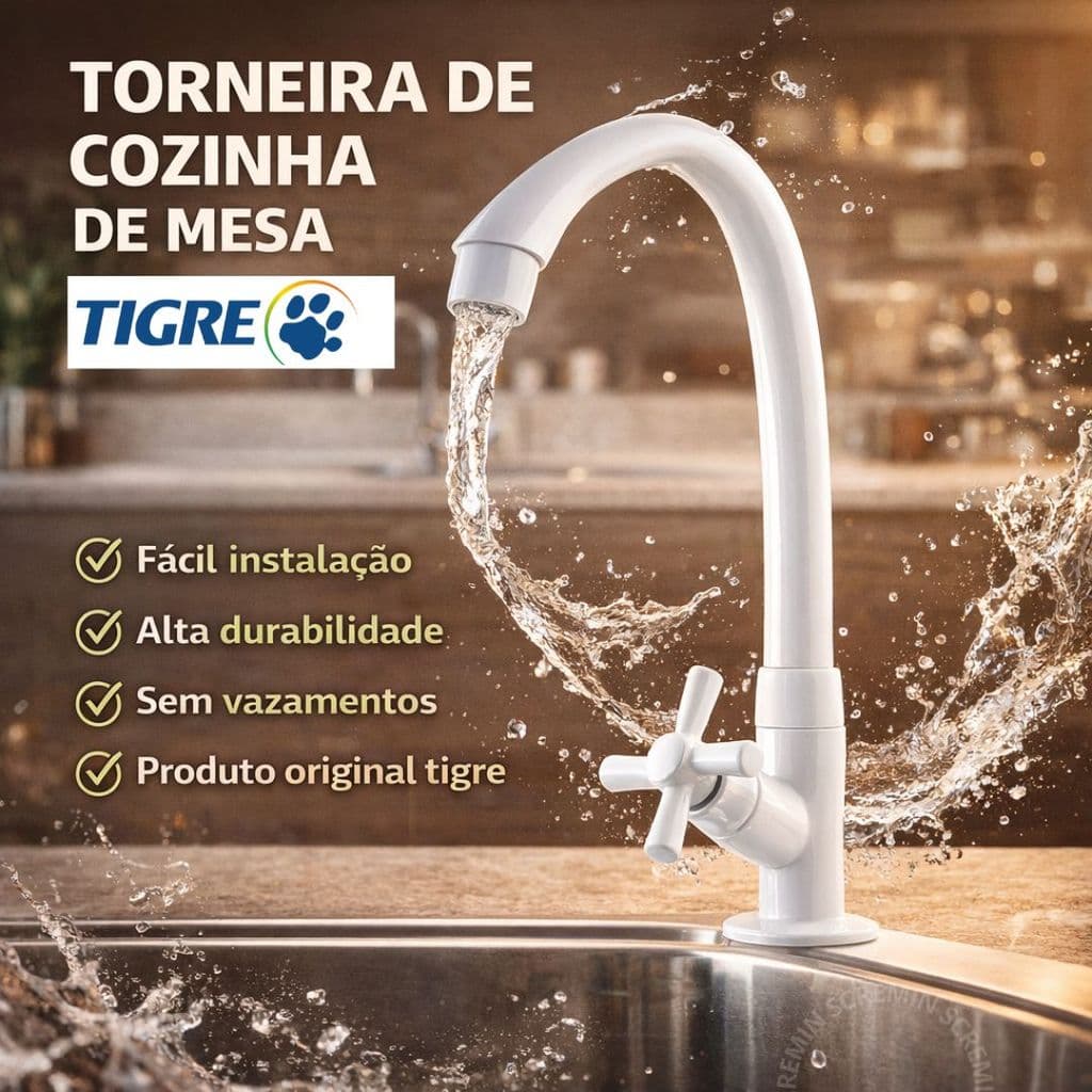 Torneira Cozinha Mesa Tigre Cross Bica Móvel 1/2 Fácil Instalação Resistente Sem Vazamento Original