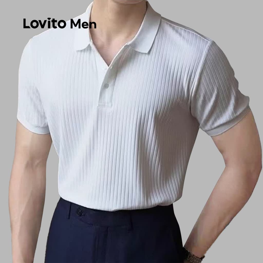 Lovito Camisa Polo Elegante com Botões Pregueada Primavera/verão Camisa Polo Branca para Homens LNE118023