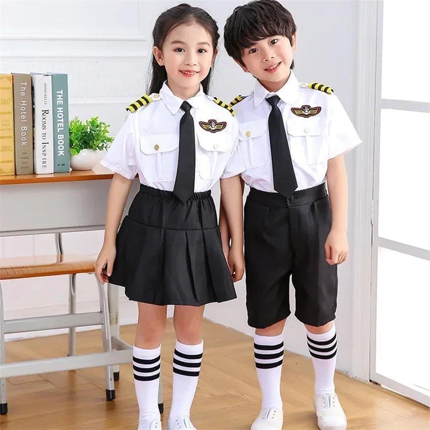 2025 Meninos Meninas Força Aérea Piloto Uniforme Cosplay Traje Halloween Carnaval Palco Desempenho Comissário De Bordo C