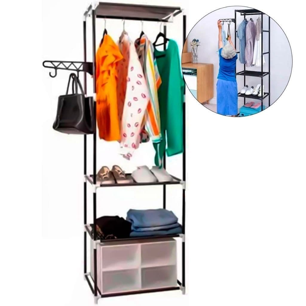 Cabideiro Guarda Roupa Arara Organizador Closet Multiuso Com 3 Prateleiras e 2 Ganchos para Roupas
