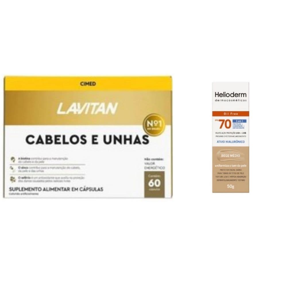 Kit 1 Lavitan cabelos e unhas Cimed + 1 Protetor Solar Facial Helioderm FPS70 cor 3.0 Bege Médio