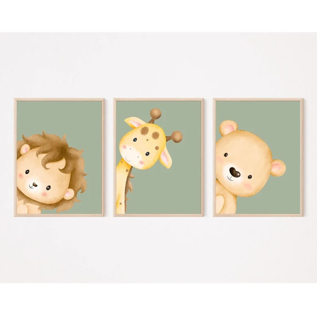 Quadro Decorativo Infantil Safari Baby Fundo Verde 3 Peças Animais Quarto Bebê