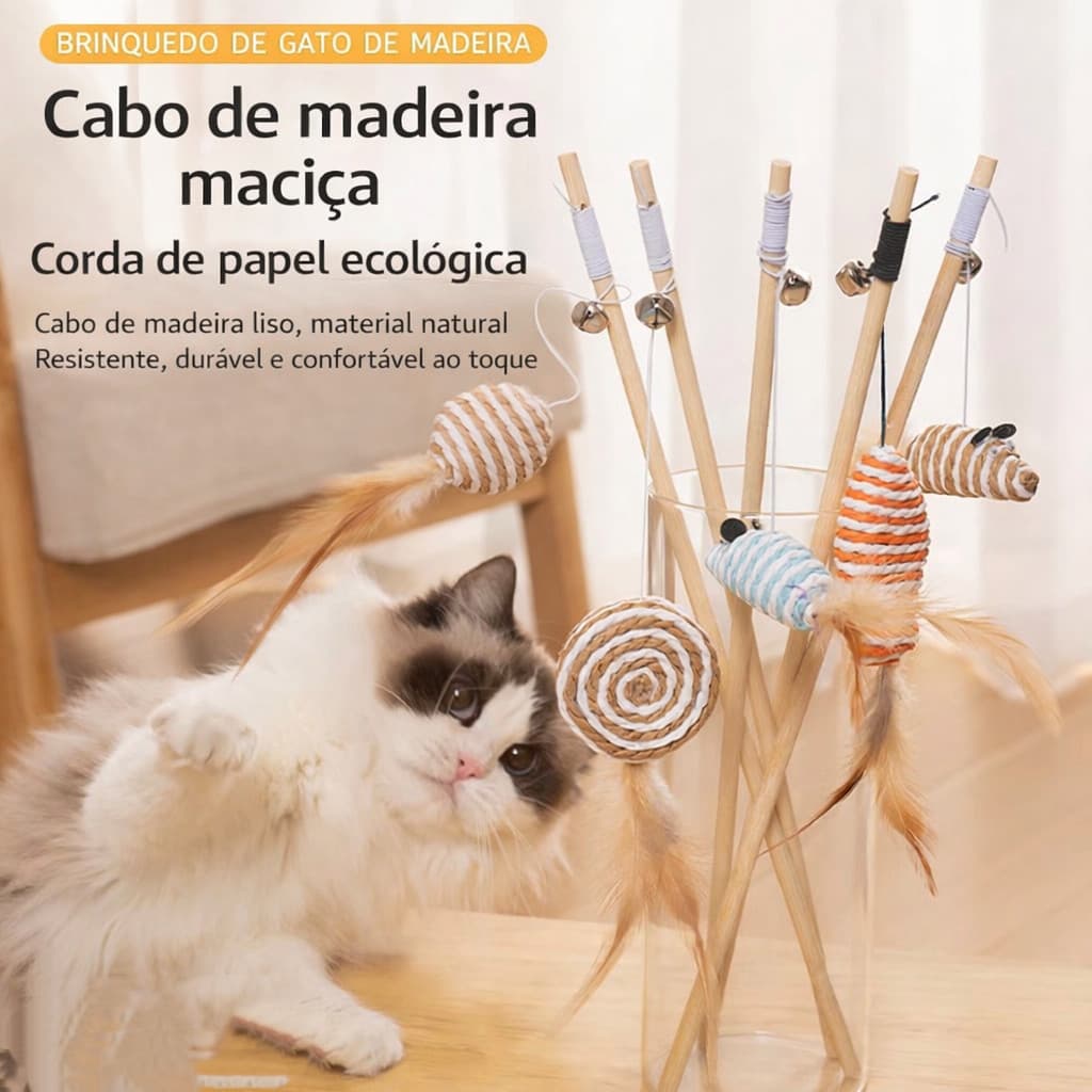 Kit com 2 Brinquedo para Gatos com Cabo de Madeira, Elástico e Sino, Varinha Interativa Resistente