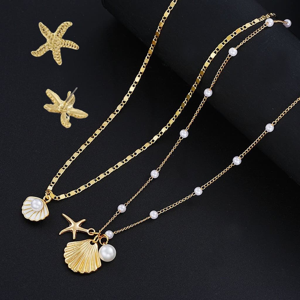 Conjunto feminino de colar e brincos com design de pérolas conchas e estrelas-do-mar estilo férias de verão na praia