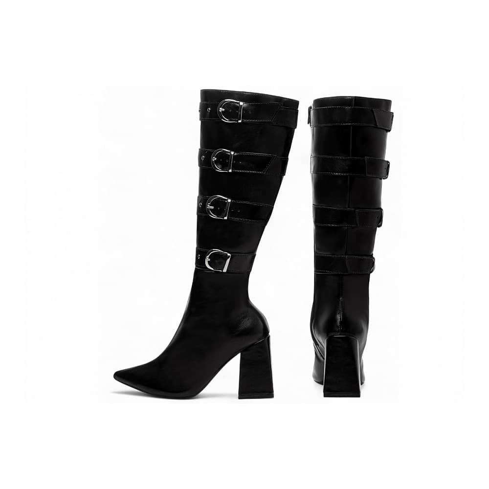 Bota Bico Fino Feminina Salto Bloco Cano Longo Ajuste Amplo