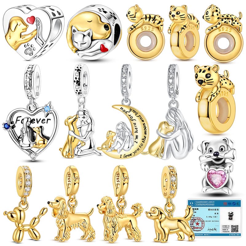 Encantos Berloque Decorações Cão Dourado 925 Prata Cocker Spaniel Poodle Golden Retriever Pendurado Cabides Pulseira