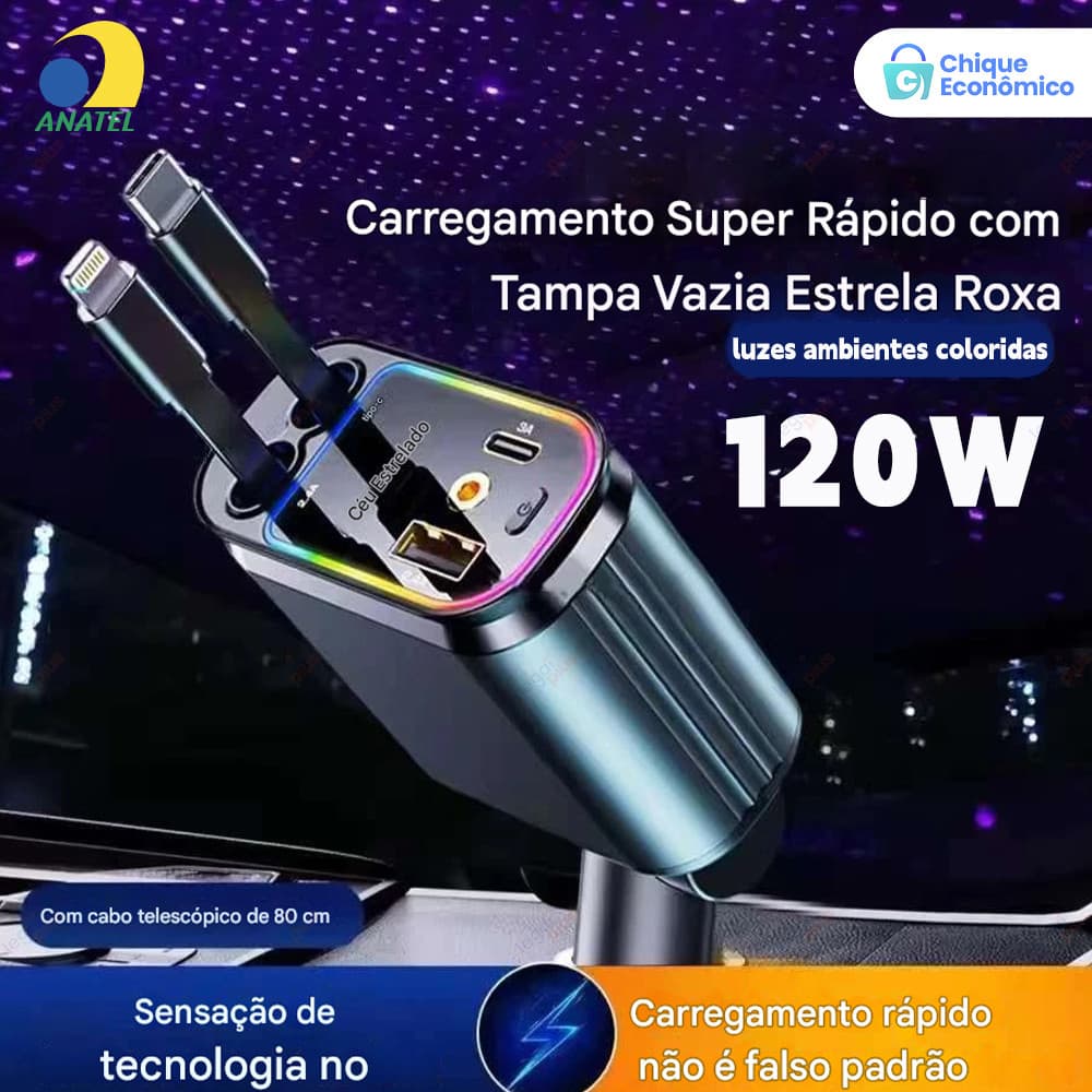 Carregador Automotivo Retrátil 4 em 1 com Rotação 180° Cabo Flexível e Iluminação LED para Celulares