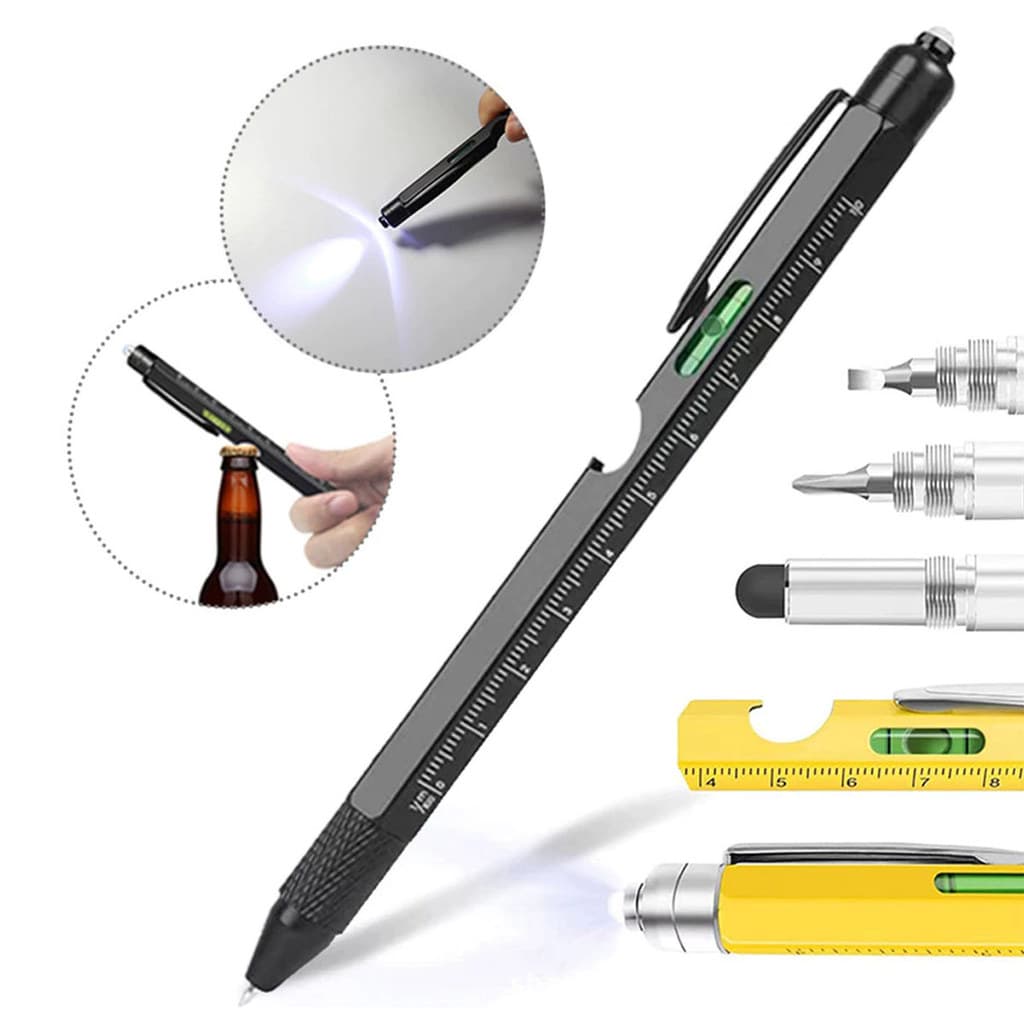 Caneta Multifuncional 9 em 1 com Lanterna LED Régua Nível Chave de Fenda Abridor