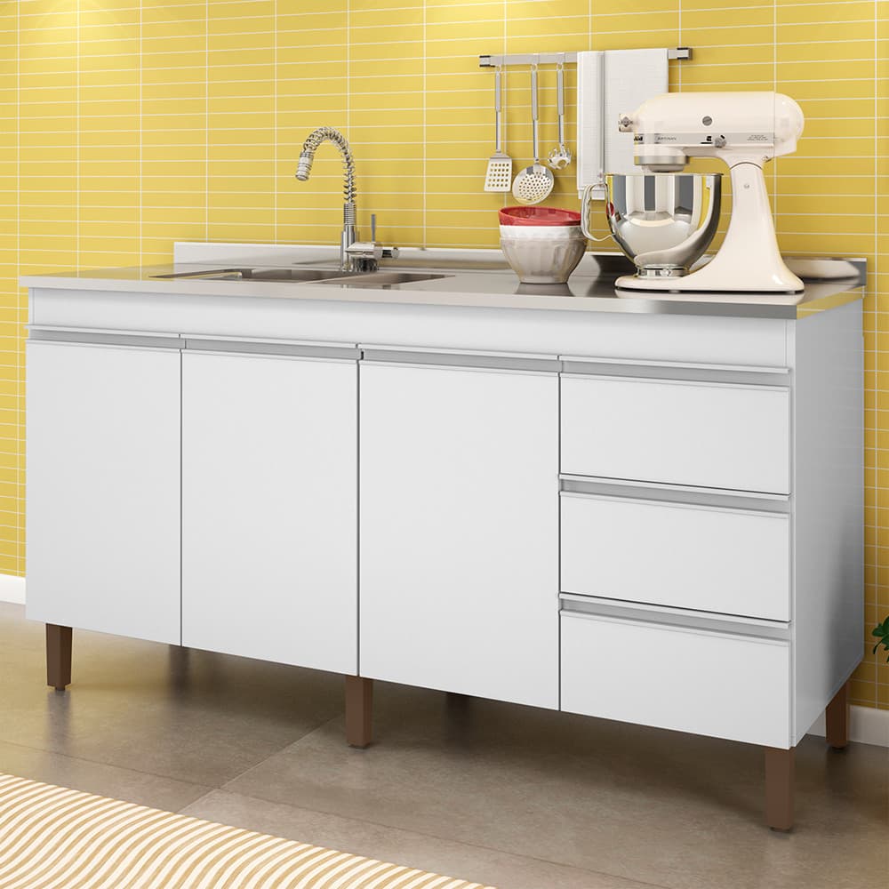 Balcão Gabinete  Cozinha Karen 160cm com 3 Portas e 3 Gavetas Peternella Móveis