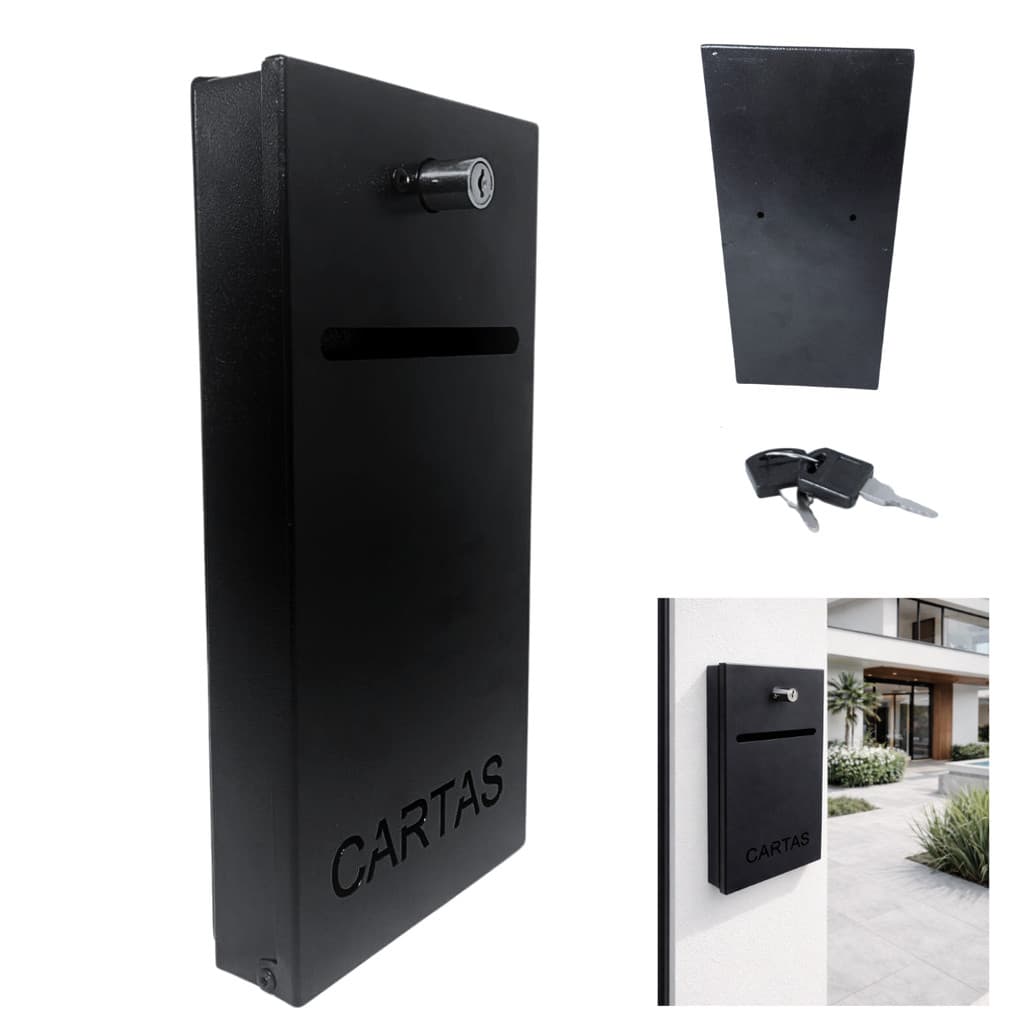 Caixa de Correio Slim Frontal 30cm x 15cm Aço Galvanizado Preto com 2 Chaves