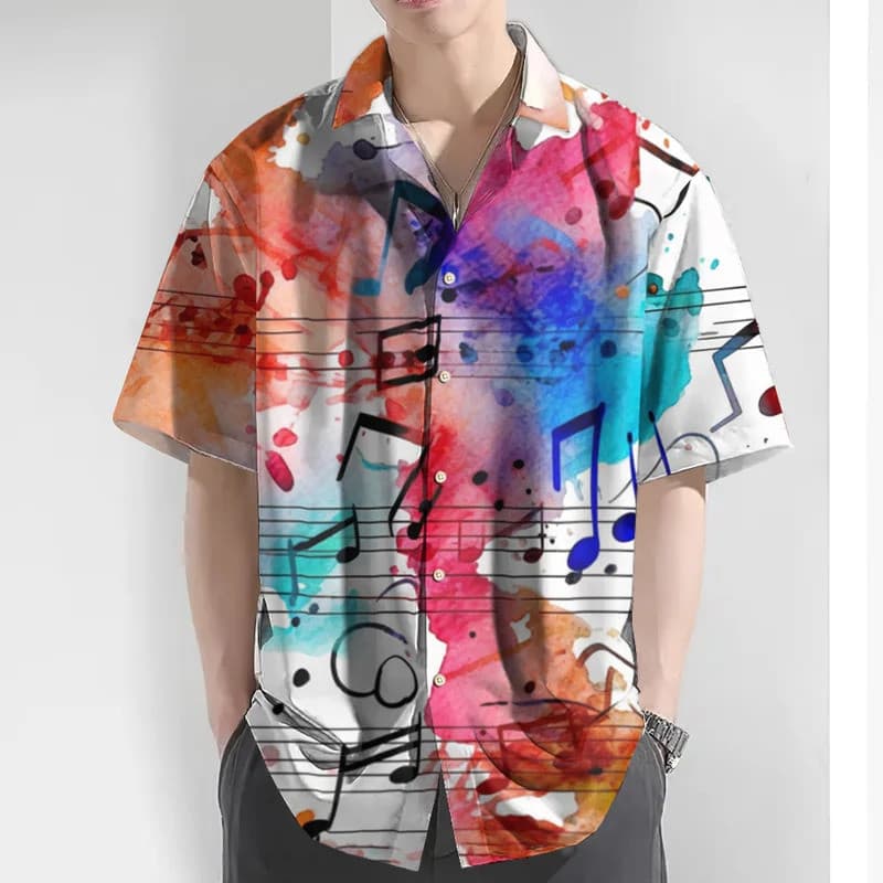 Nova Camisa Masculina com Estampa Colorida 3D de Notas Musicais, Camisas Havaianas para Moda Masculina, Roupas Casuais p